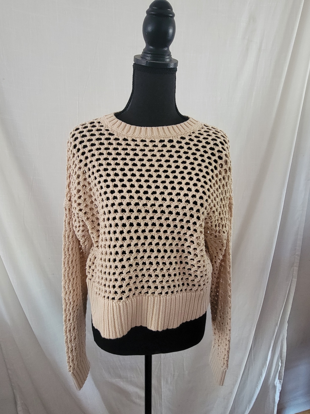 Women's Open-Knit Crewneck Sweater in Beige